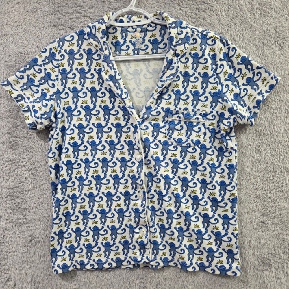 Roller Rabbit Pajama Top Women's Small Blue Monkey Print Pima Cotton Button Up